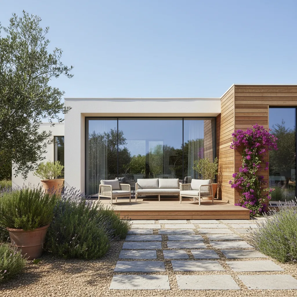 Exterior de casa prefabricada moderna con grandes ventanales