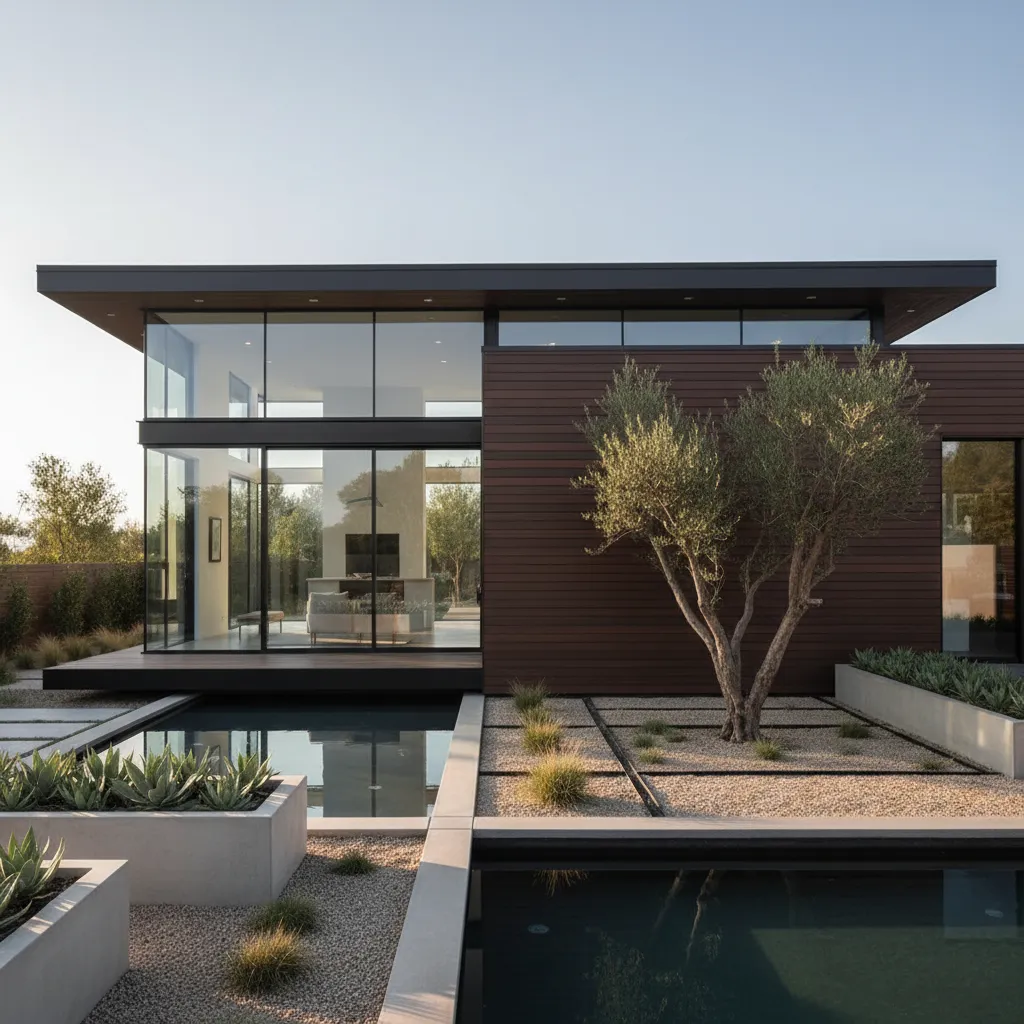 Modern house exterior with large glass windows dark wood walls swimming pool and desert garden