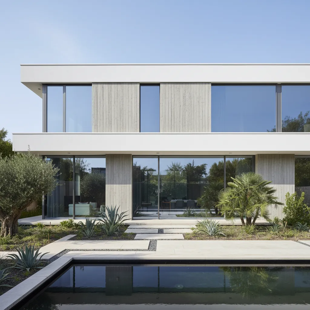 Exterior de una casa prefabricada moderna con fachada minimalista y ventanales