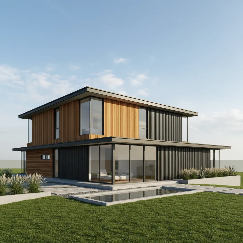 Modern two story house with wood and black walls featuring large glass windows and lawn