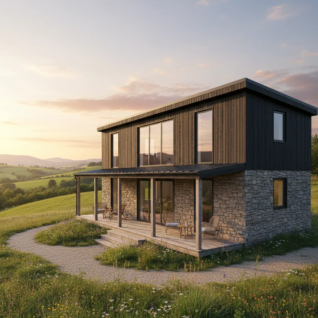 Casa prefabricada rural con porche de madera y grandes ventanales