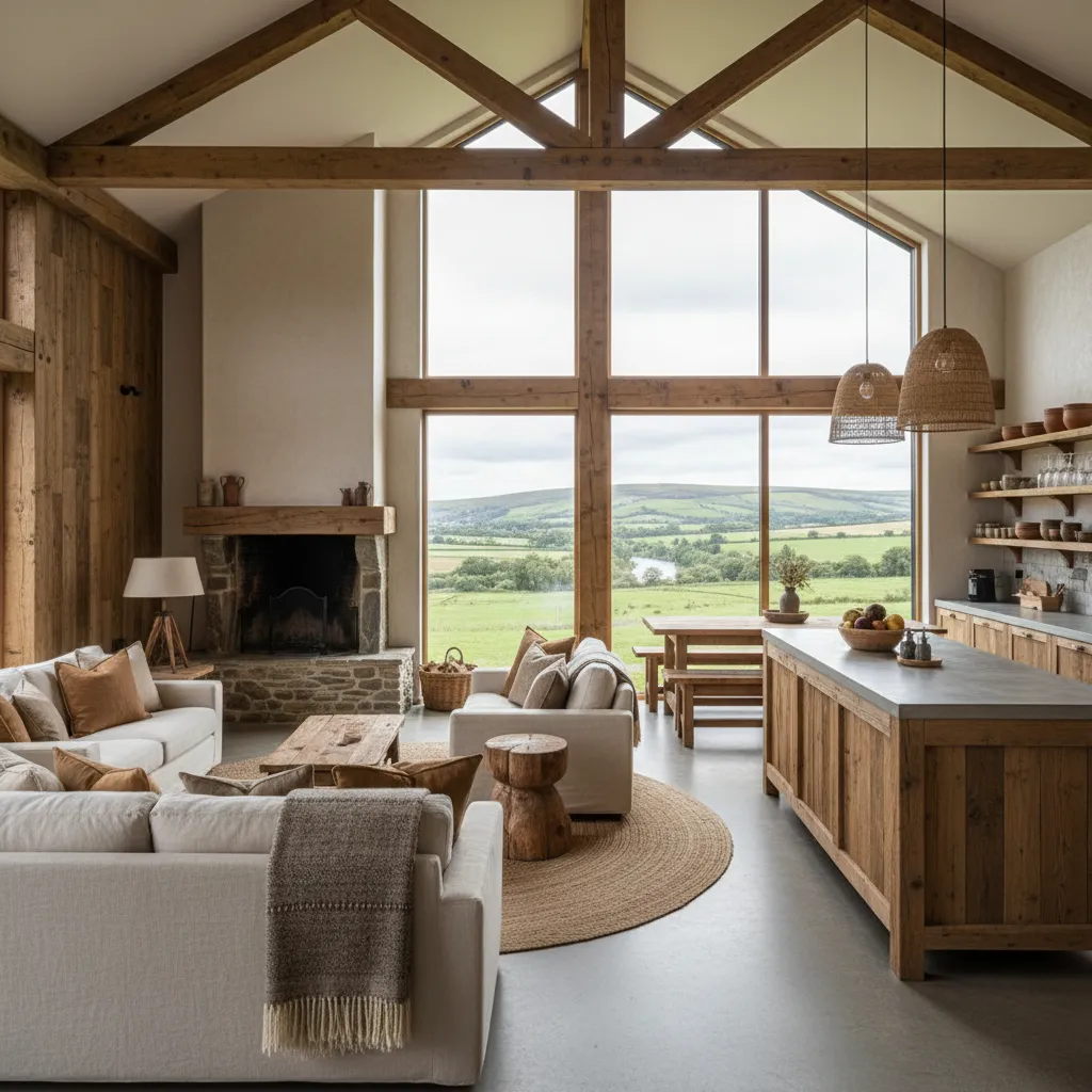 Interior de casa rural prefabricada con salón y cocina abiertos
