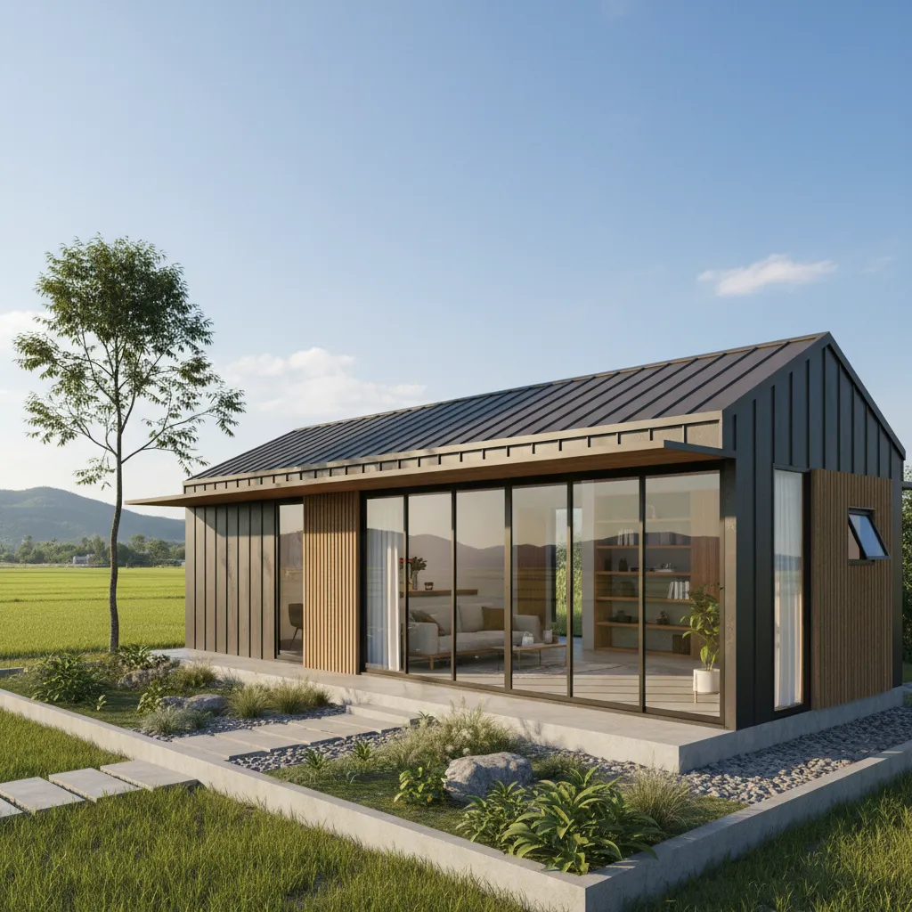 Modern single story house with black metal walls wood panels large glass doors and garden