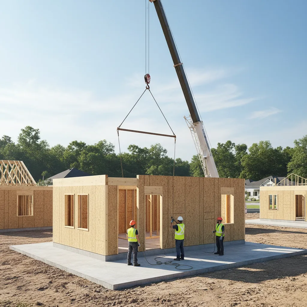 prefabricated small house sections being assembled on a prepared foundation