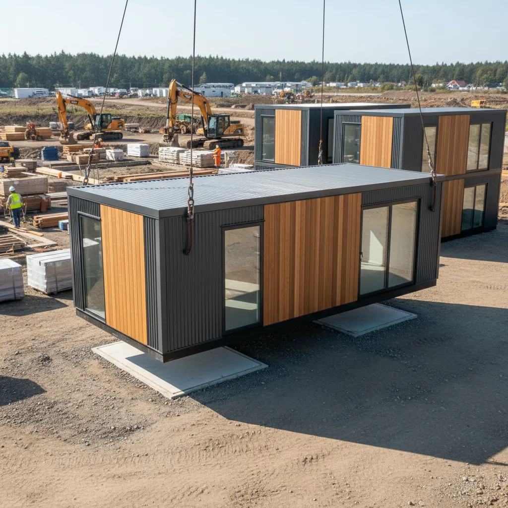 Crane lifting a prefab house module with wood panels at a construction site with excavators