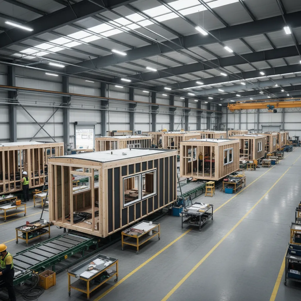 Factory production line assembling prefabricated tiny houses
