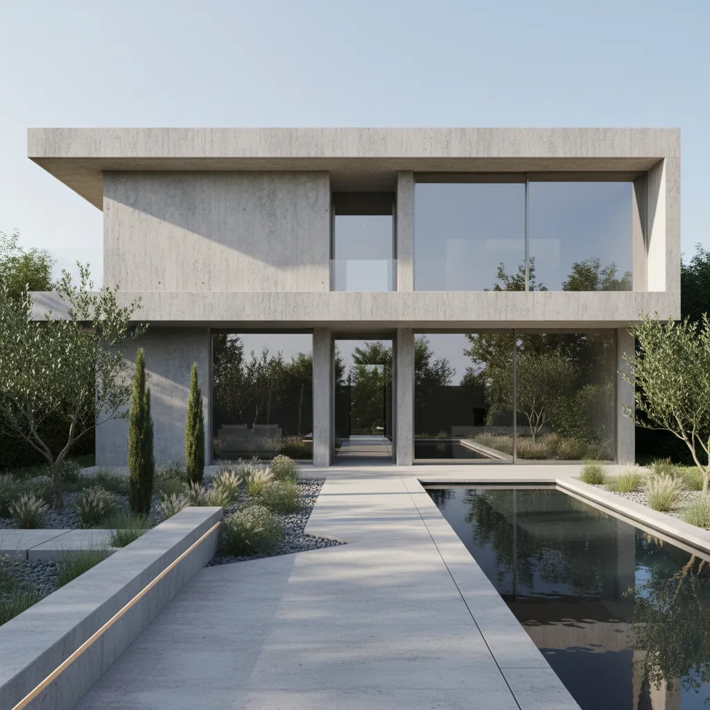 Modern two story concrete house exterior featuring large glass windows flat roof and swimming pool
