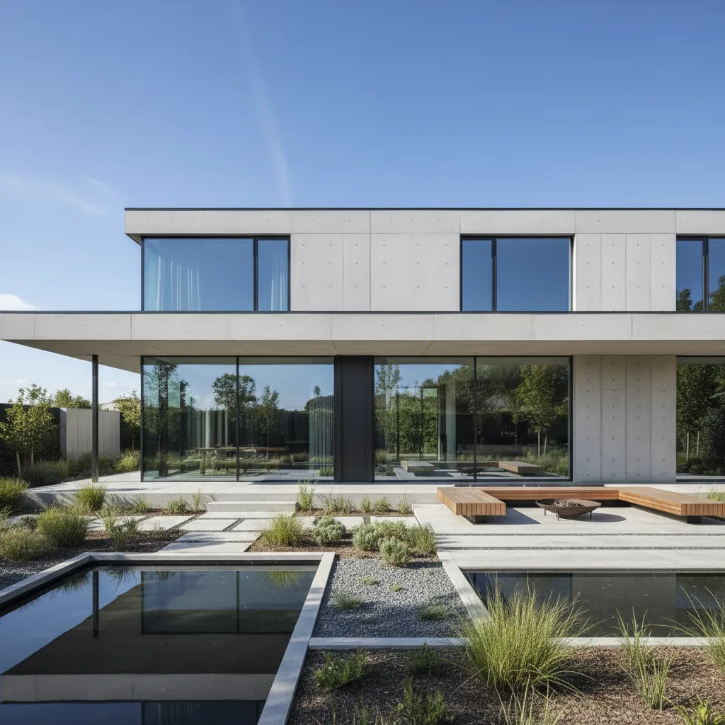 Exterior de una casa prefabricada de hormigón con diseño moderno