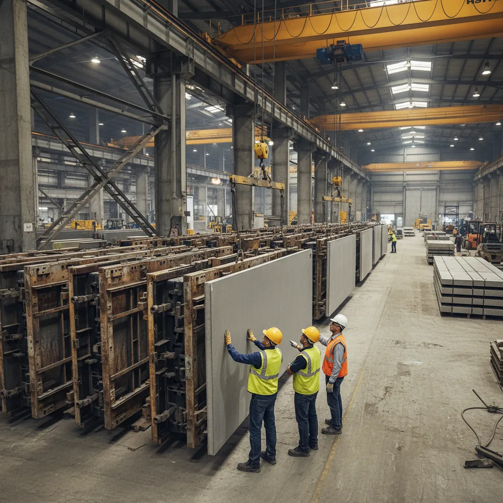 Three factory workers wearing safety helmets and vests moving a large grey concrete wall panel