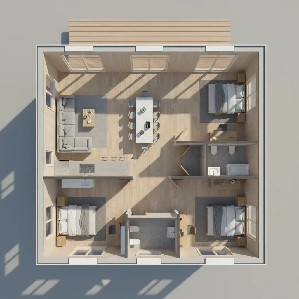 Visualización 3D del plano de una casa prefabricada moderna