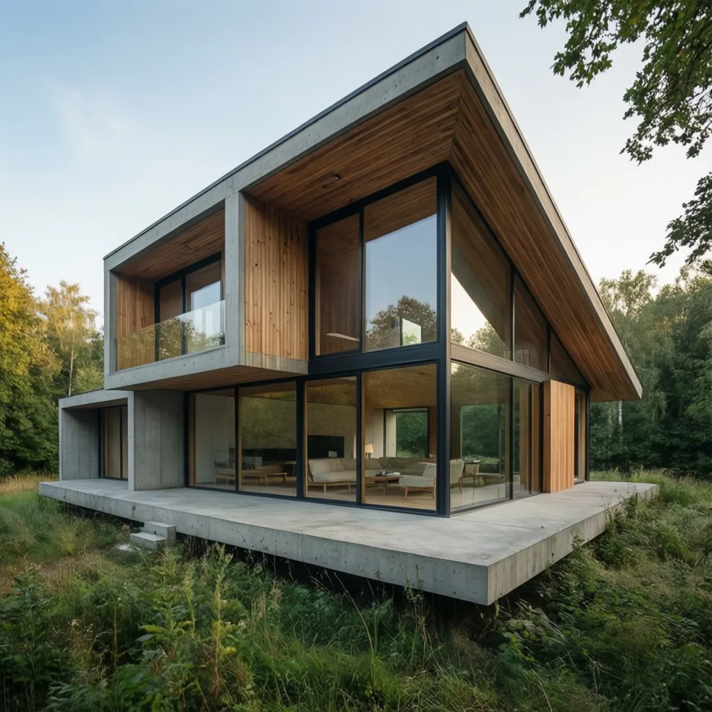 Modern house with concrete walls and large glass windows surrounded by green trees and grass