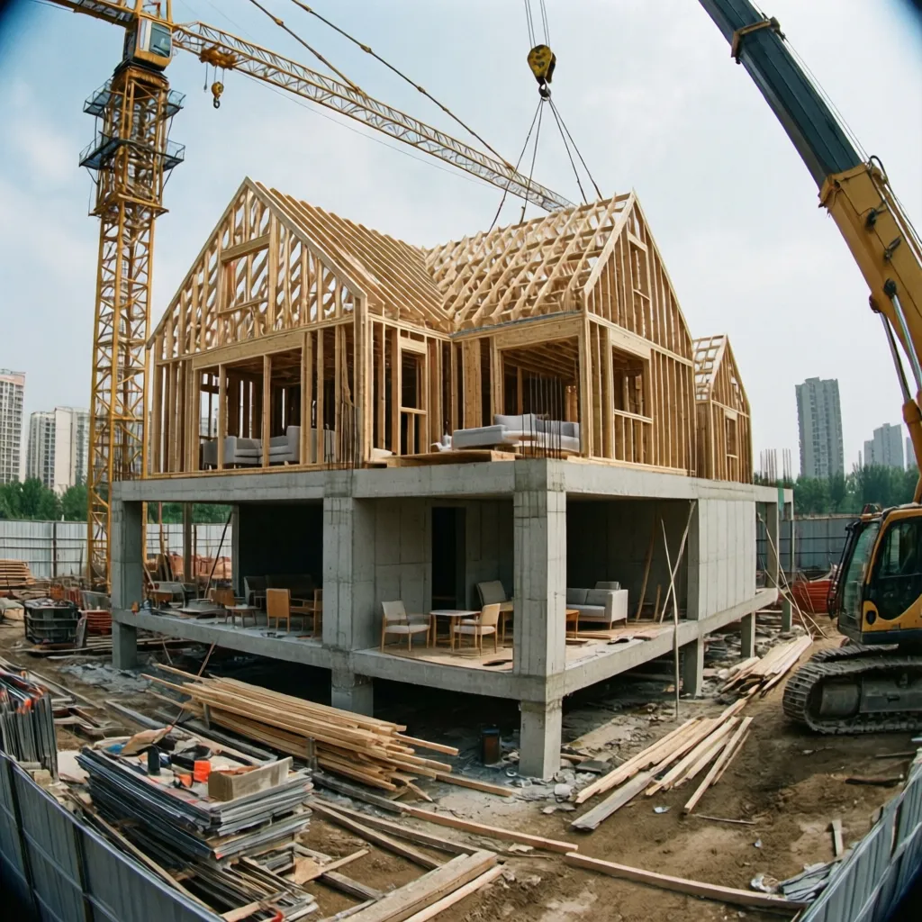 Instalación de módulos prefabricados en una obra residencial