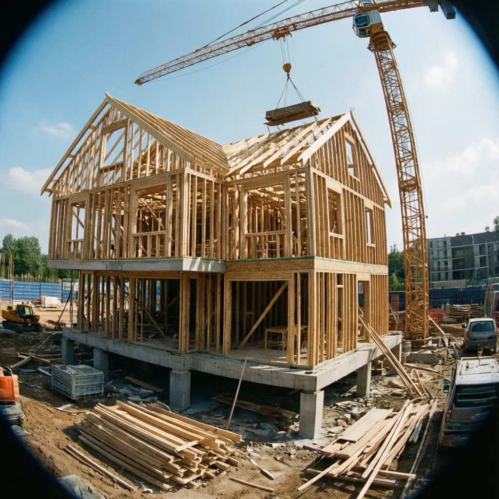 Instalación de módulos prefabricados durante la construcción de una vivienda