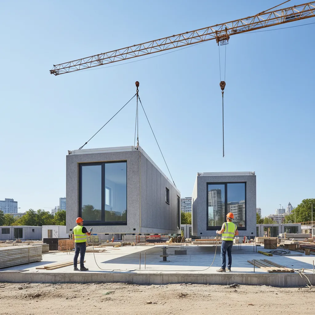 Instalación de módulos de una casa prefabricada mediante grúa