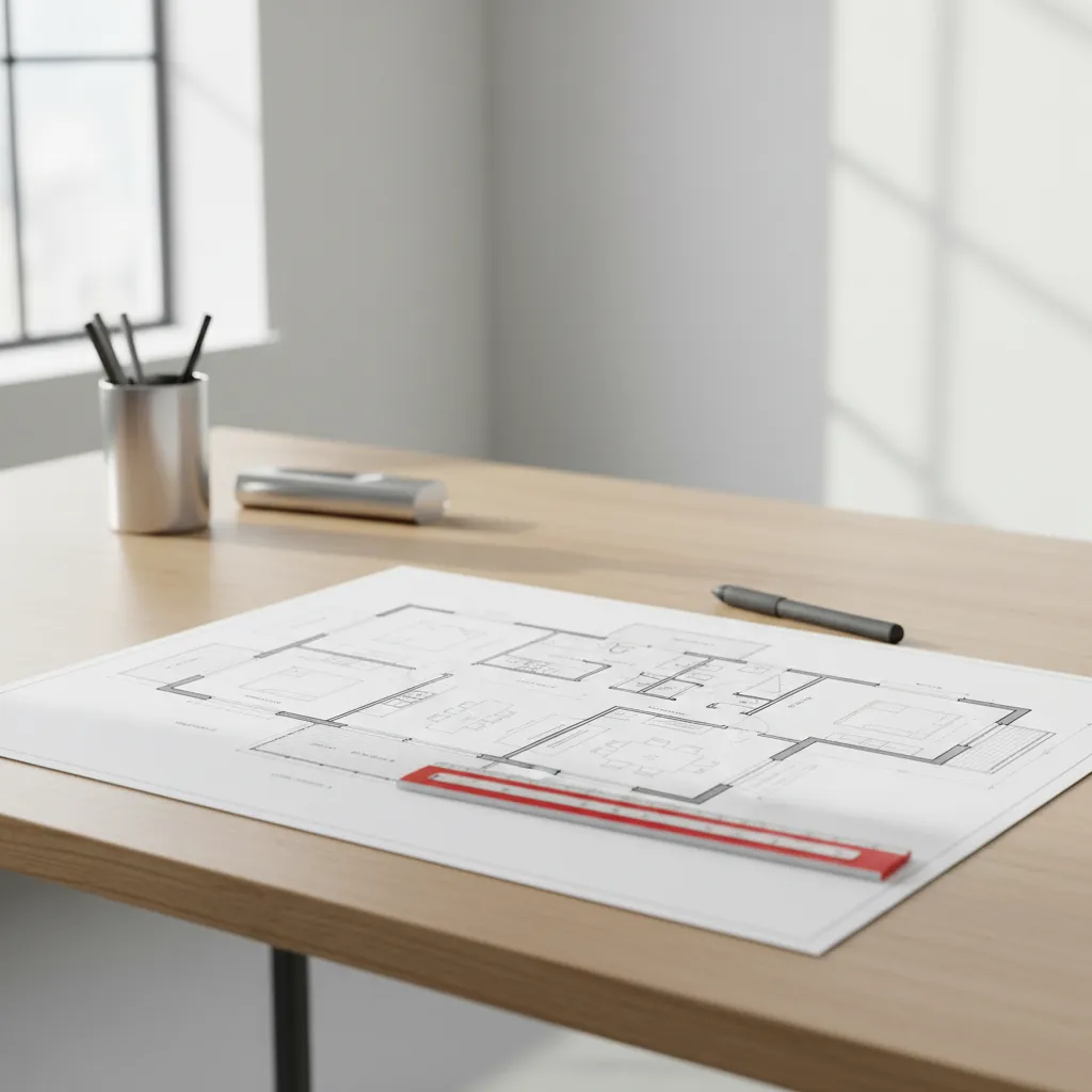 Detailed house floor plan drawing on a wooden desk with a red ruler and pens