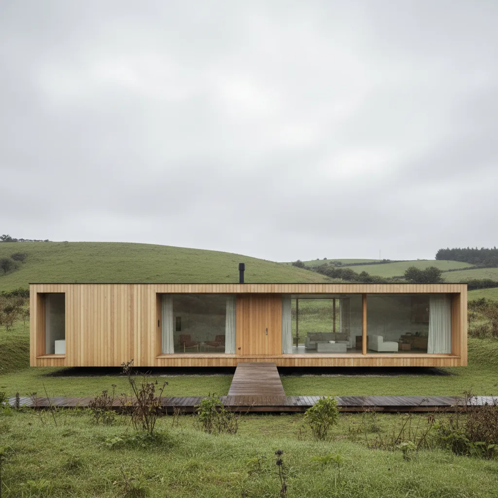Exterior de una casa prefabricada moderna en un entorno rural gallego