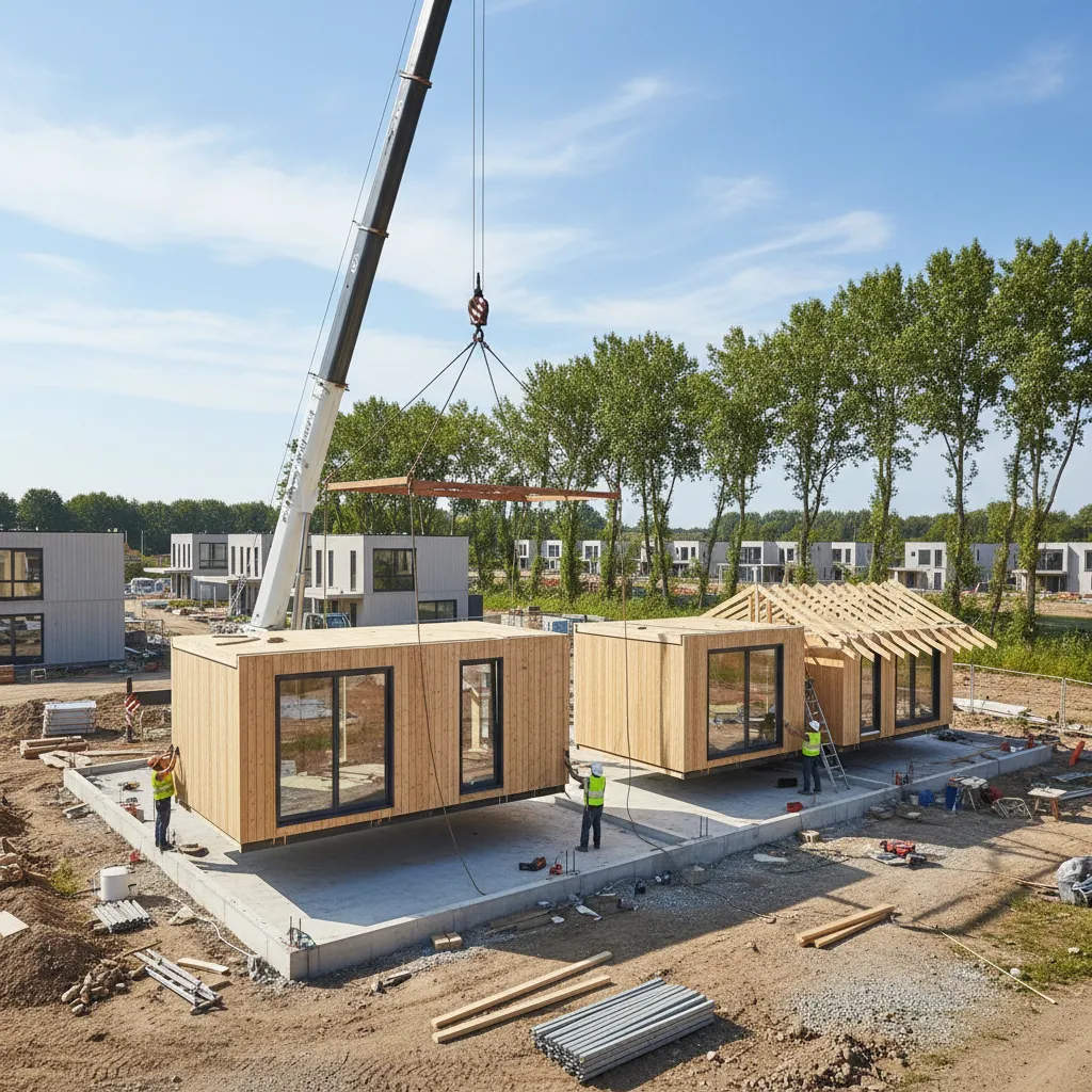 Large crane lowering a prefabricated wooden room module with windows onto a new concrete house base