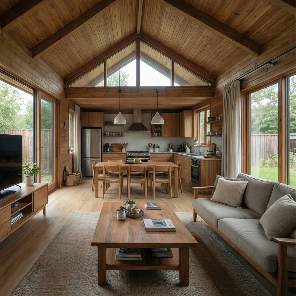 Interior moderno de una casa prefabricada con diseño abierto