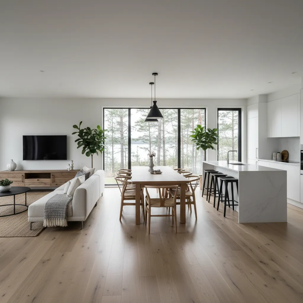 Interior abierto de una casa prefabricada con salón, comedor y cocina integrados