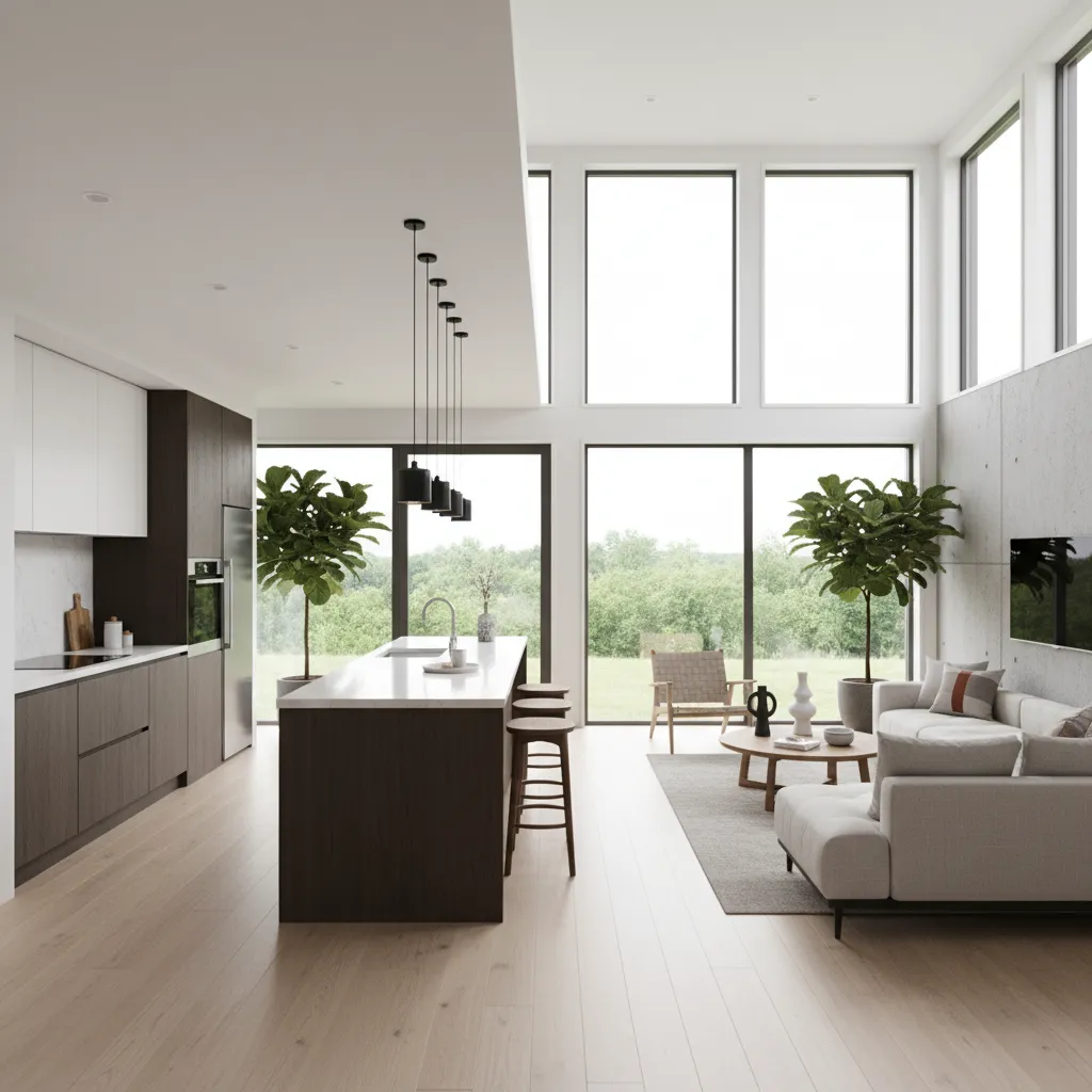 Interior abierto de una casa prefabricada con cocina y salón integrados