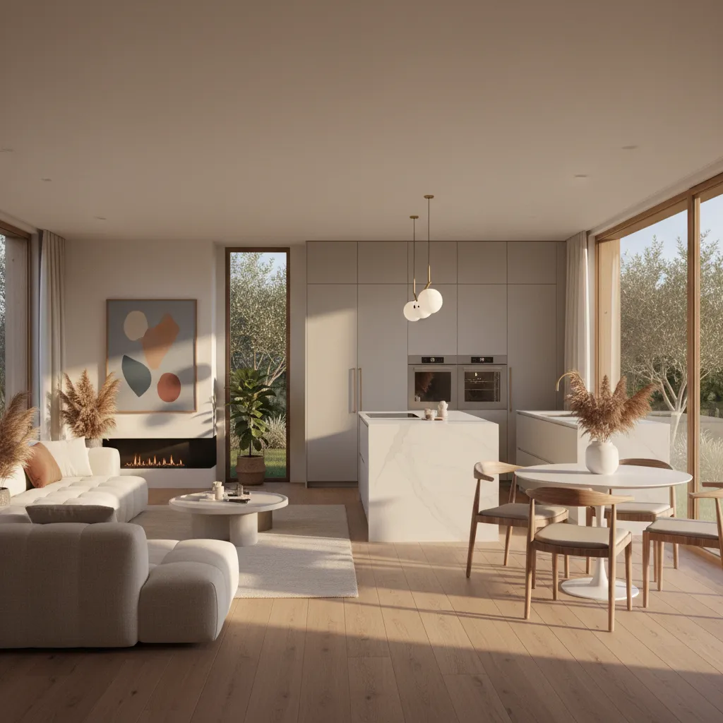 Interior abierto de casa prefabricada moderna con salón y cocina conectados