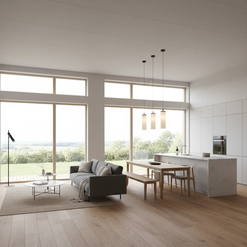 Interior abierto de casa prefabricada moderna con salón y cocina integrados