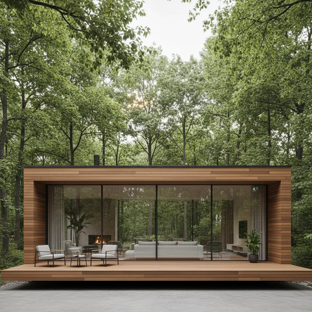 Casa prefabricada con grandes ventanales y fachada moderna