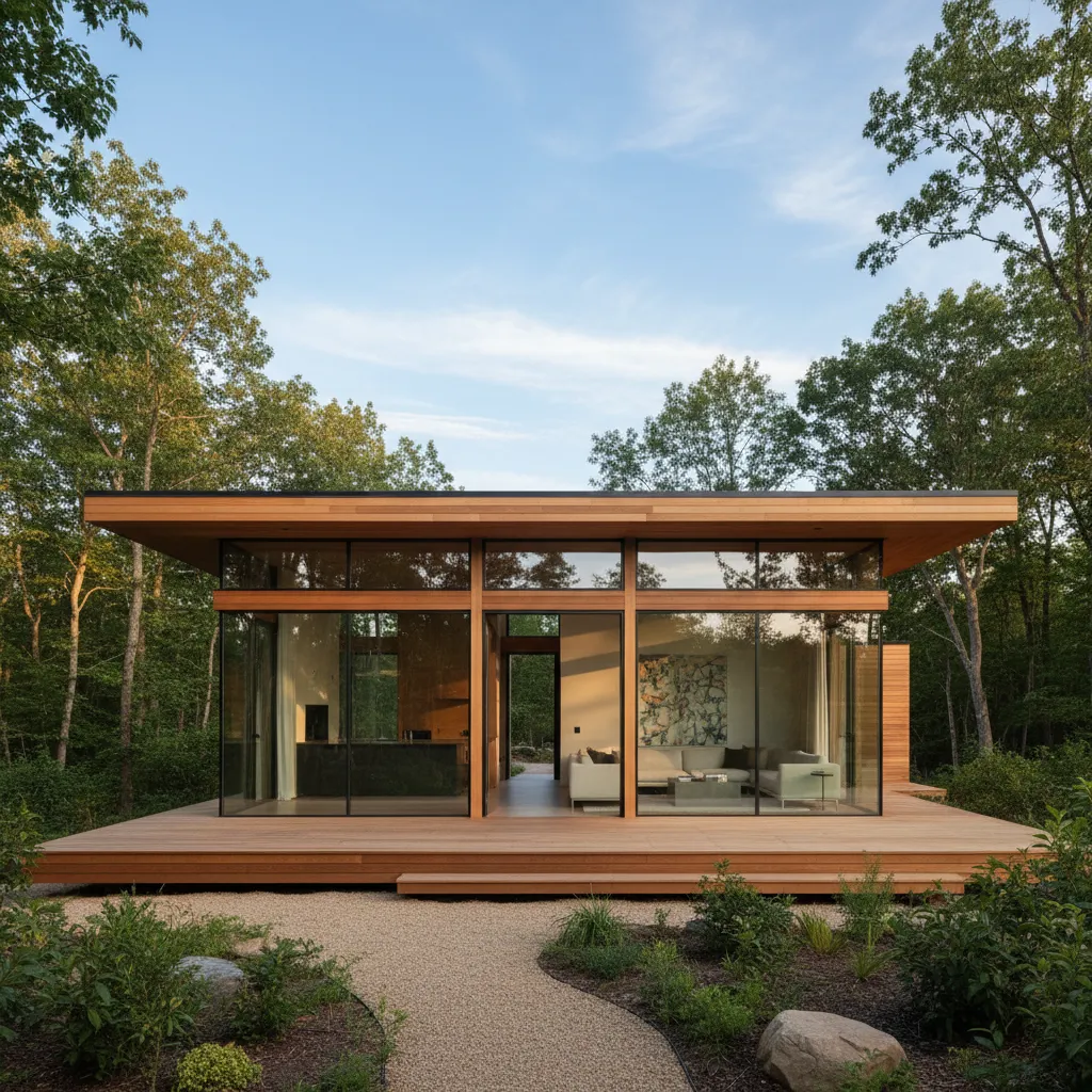Casa prefabricada moderna con fachada de madera y grandes ventanales