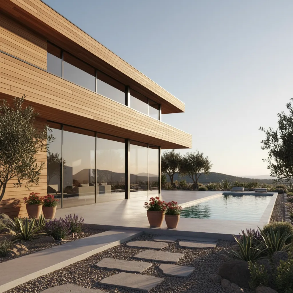 Exterior de una casa prefabricada moderna con fachada de madera y grandes ventanales