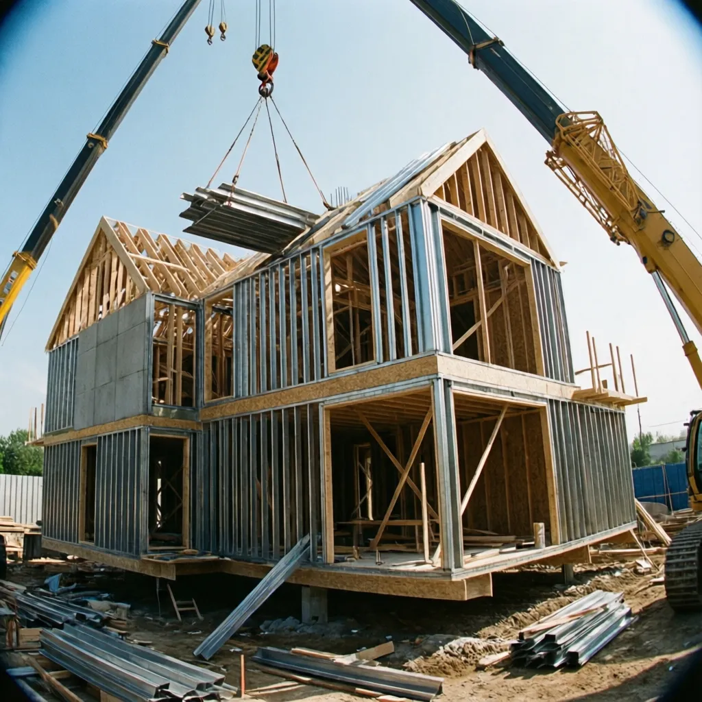 Crane lifting a modular house section onto a steel frame for a modern construction project