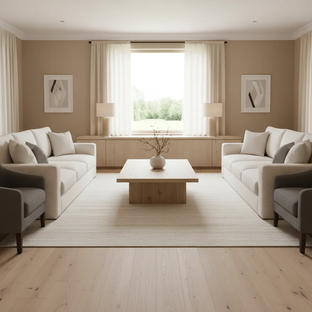 Sala con composición visual simple y muebles alineados