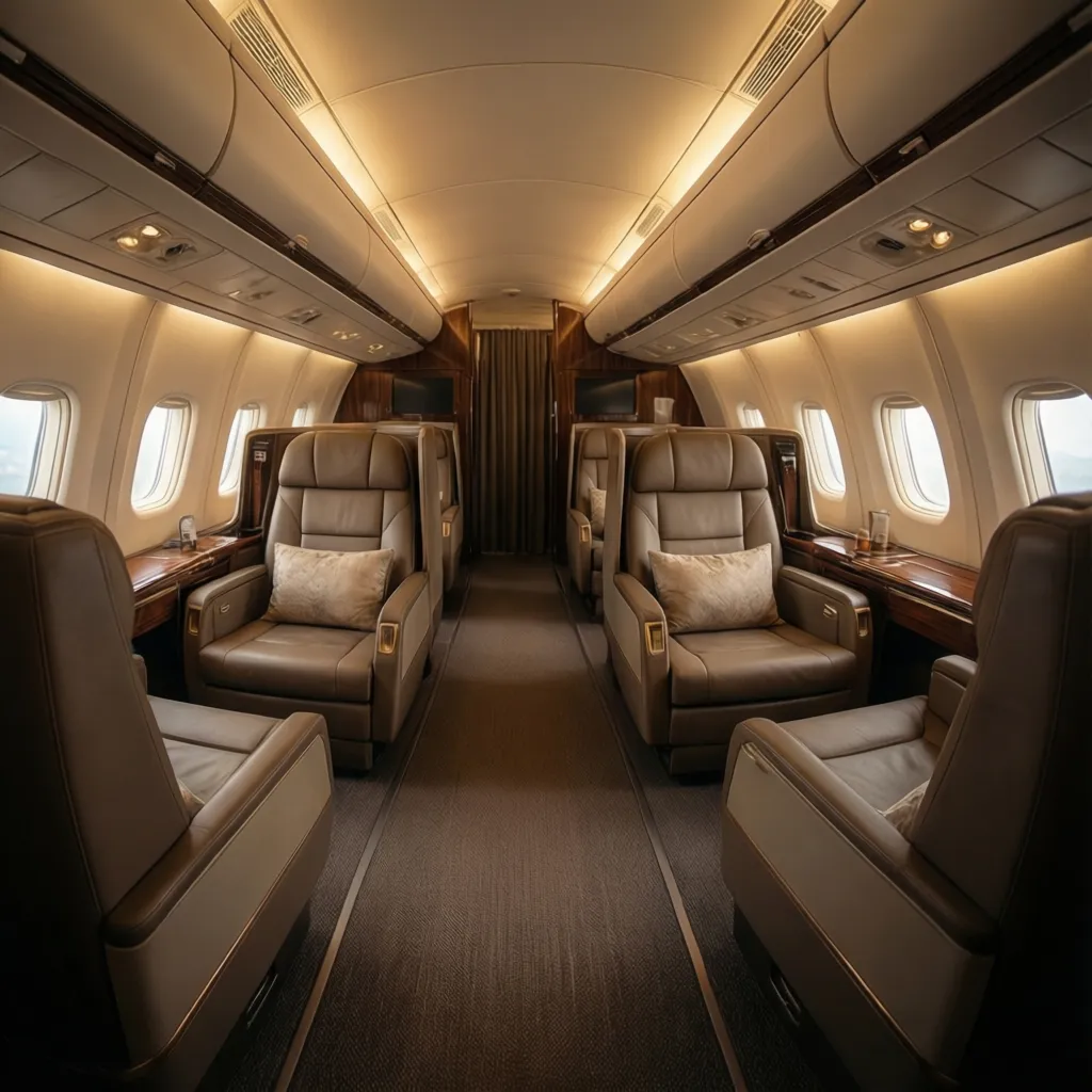 luxury business class aircraft cabin with lie flat seats and private suites