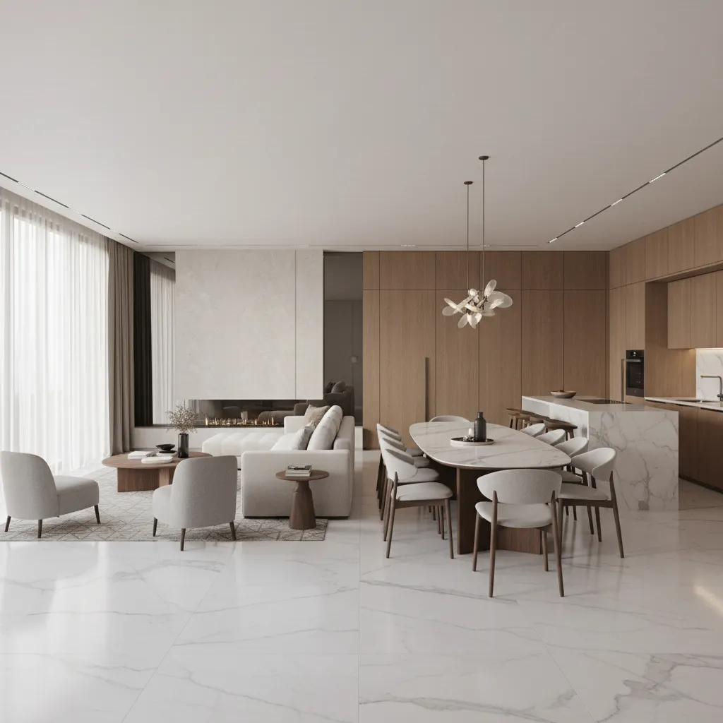 Luxury apartment interior showing living room connected to kitchen and hidden service area