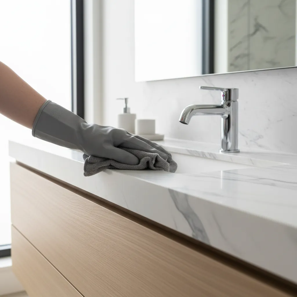 Hand cleaning a chrome bathroom faucet with microfiber cloth