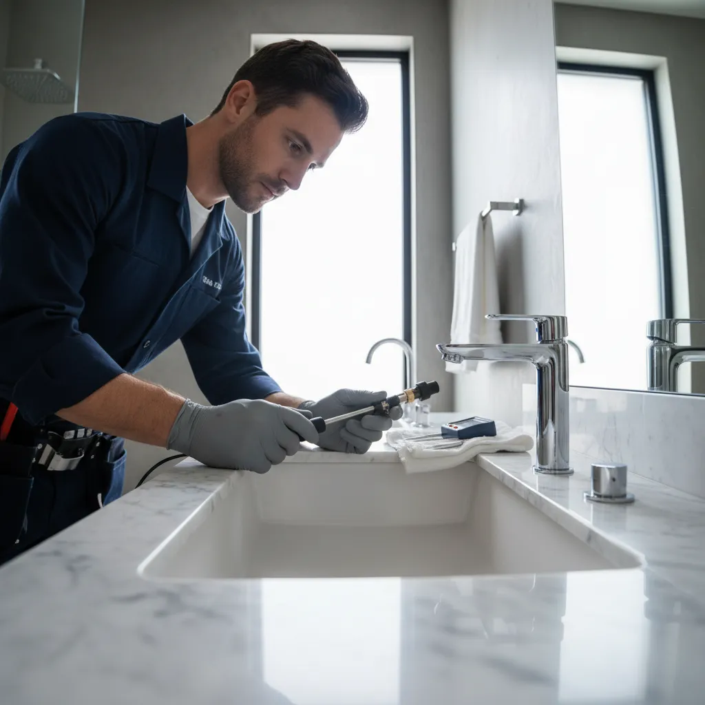 Technician inspecting premium bathroom faucet and sink fixture