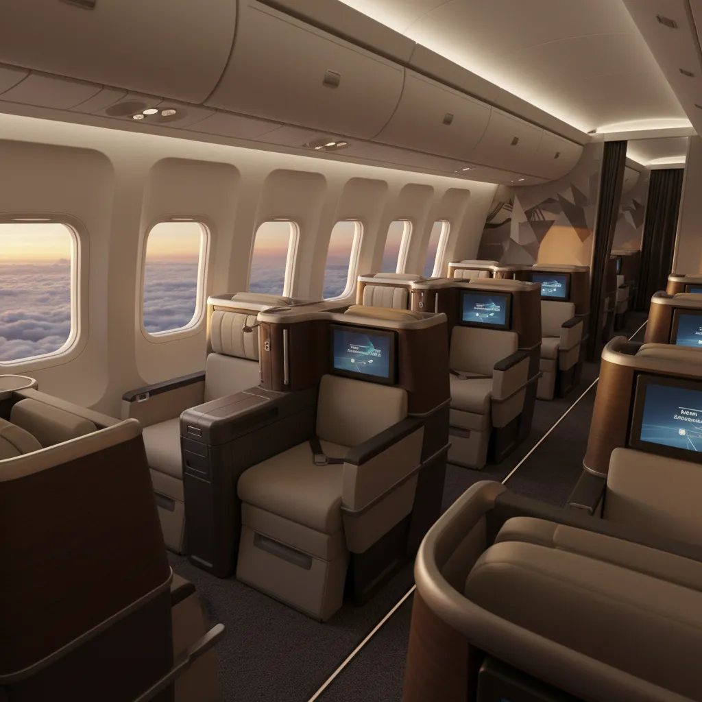 Business class aircraft cabin with lie flat seats and premium layout