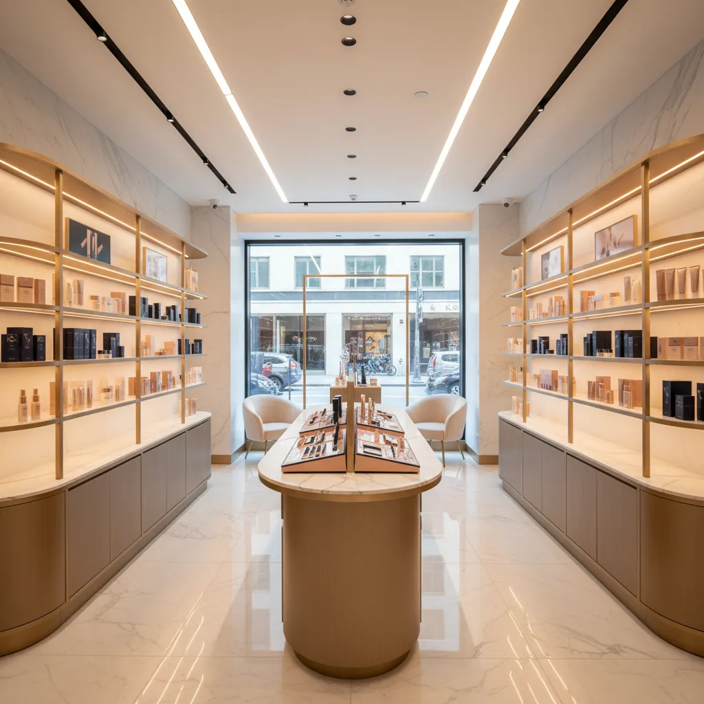 Modern cosmetic store interior with gold shelves marble floor island display and light from windows