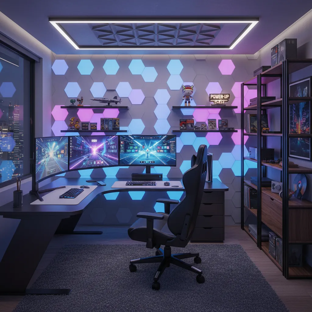 Premium gaming room with multiple monitors RGB lighting panels and ergonomic gaming chair