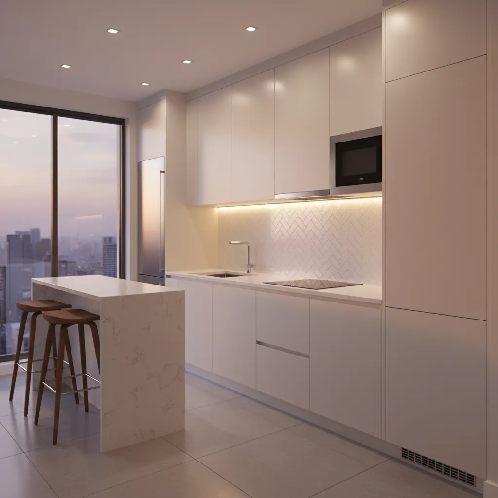 Small kitchen with under cabinet lighting and modern finishes
