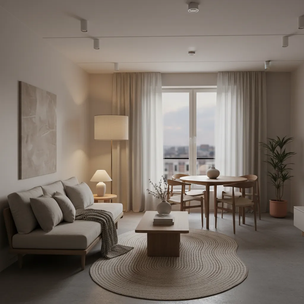 Interior elegante con iluminación cálida y materiales naturales