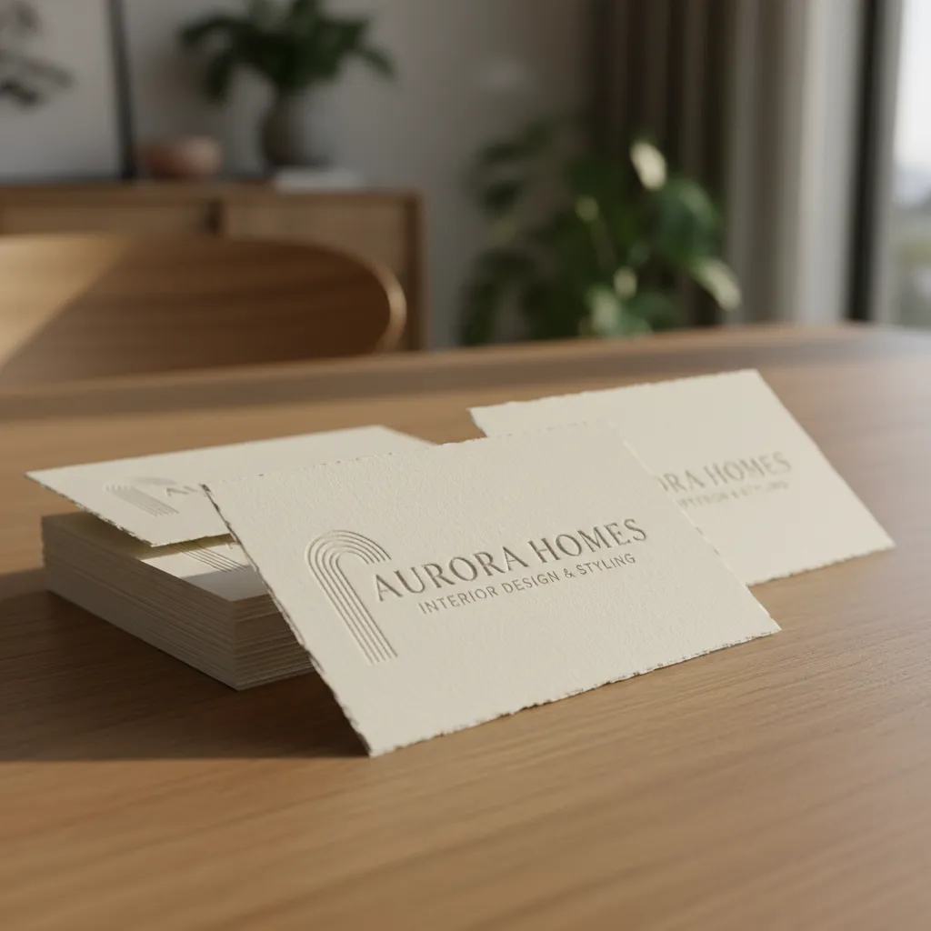 Stack of premium paper business cards with embossed logo displayed on a smooth wooden table