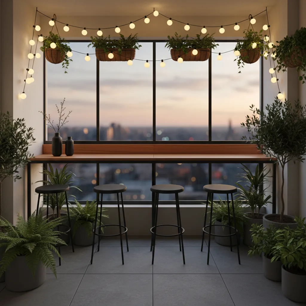 premium small balcony bar with wood counter lighting and stools