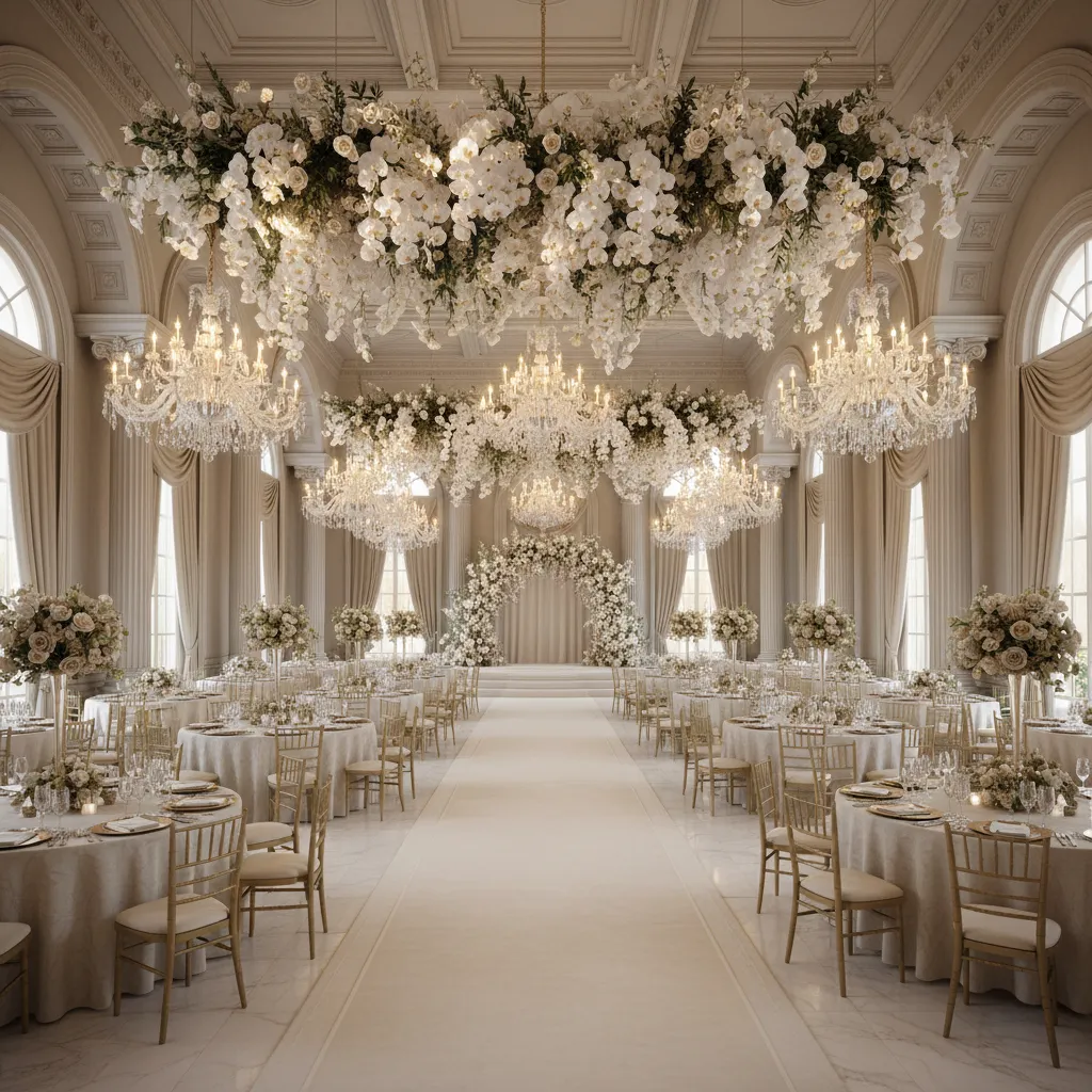 Luxury wedding hall ceiling floral installation with chandeliers
