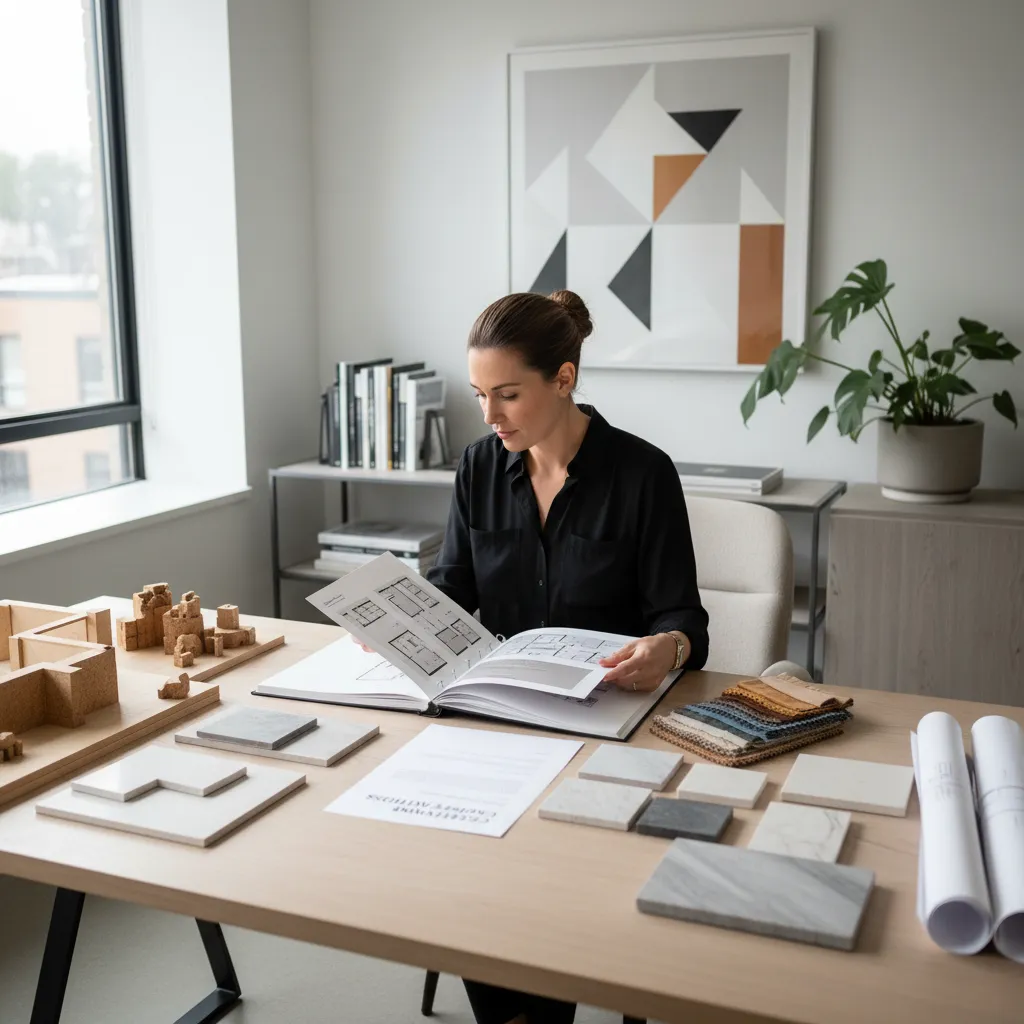 Professional woman reviewing floor plan book with material samples and a small model on desk