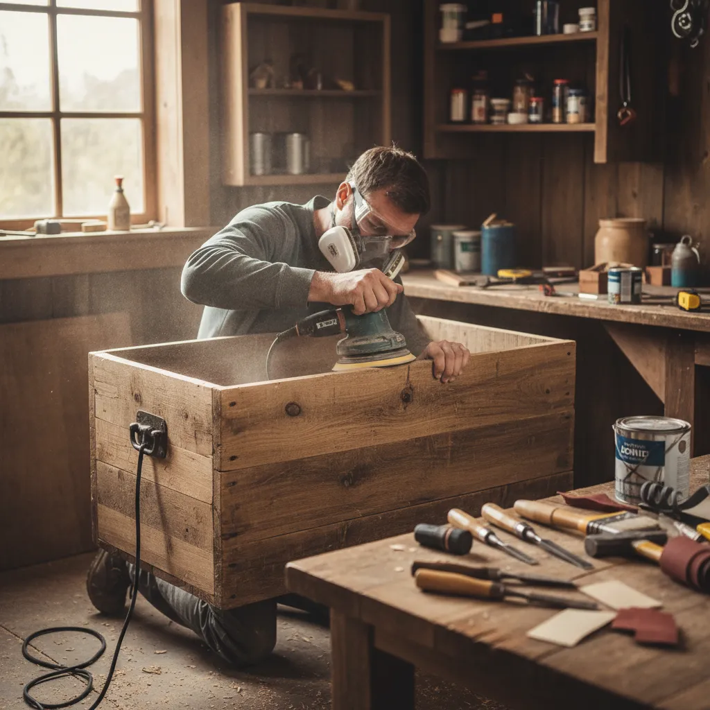 Proceso de lijado y preparación del interior de un baúl antes de pintar