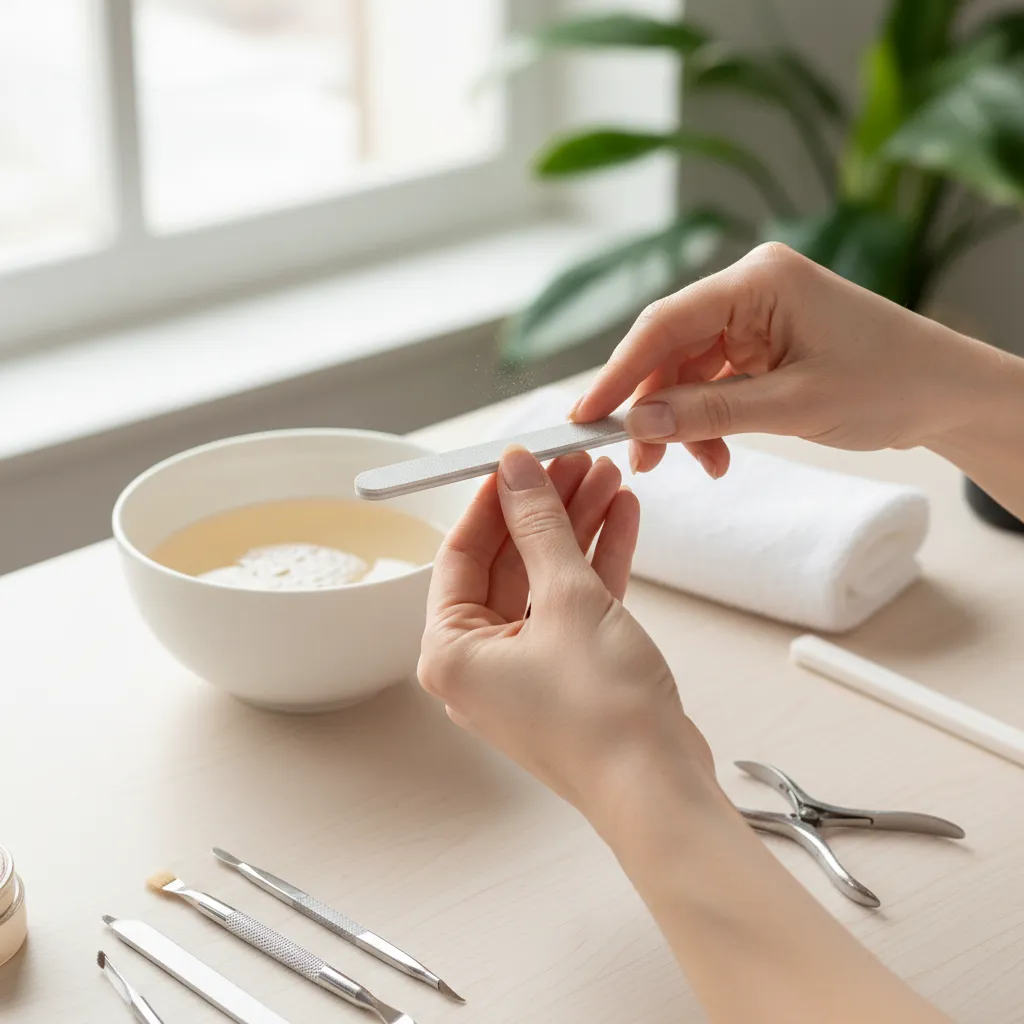 Preparación de uñas limando y limpiando antes de aplicar esmalte