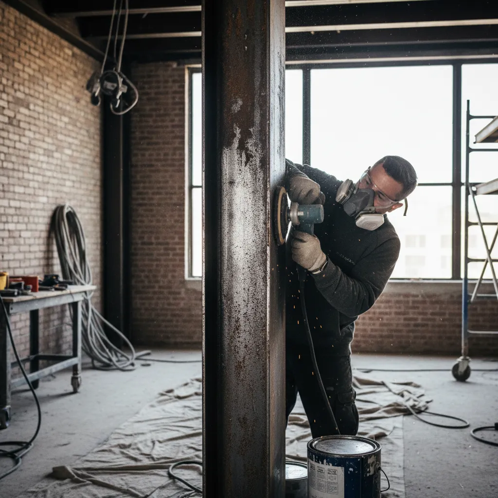 Proceso de lijado y preparación de una viga de hierro antes de pintarla