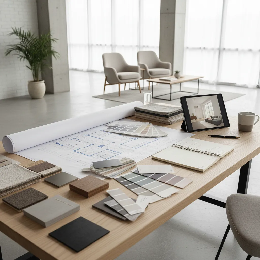 Mesa con planos, muestras de materiales y tablet preparada para reunión de diseño