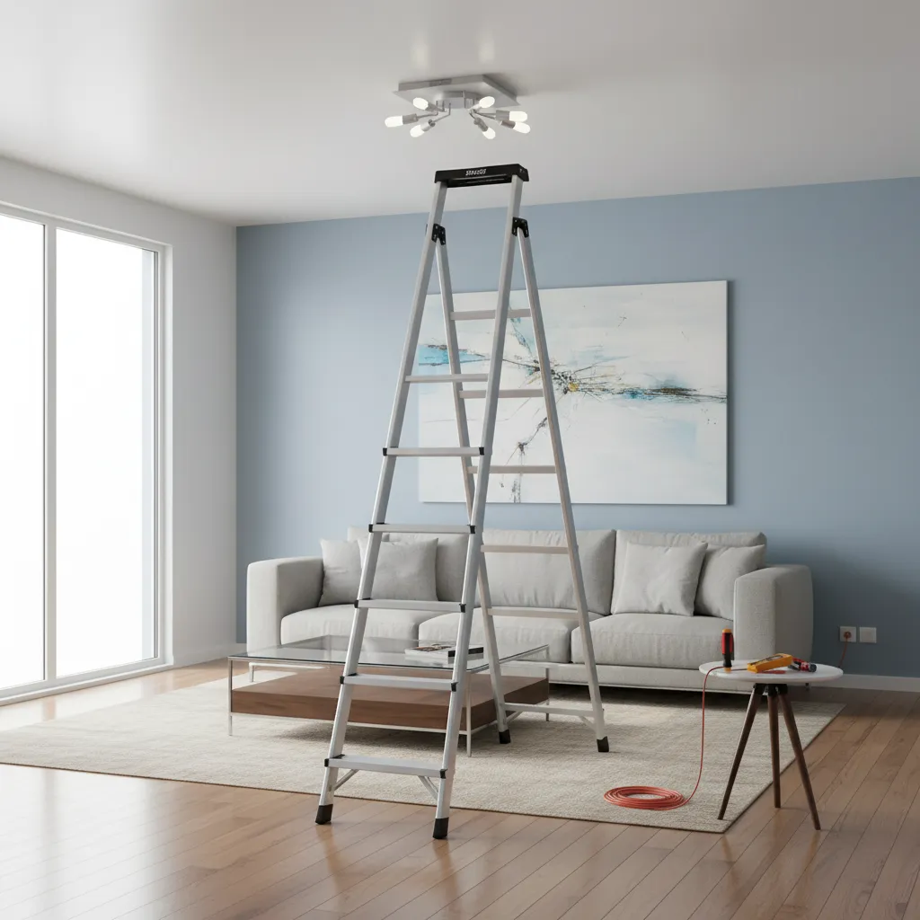 ladder and tools prepared under ceiling light before removal