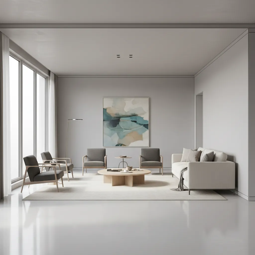 Minimal living room cleared near walls before digital room measurement scan